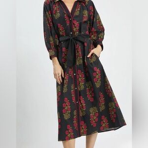 NWT Umgee Black Victorian Vine Maxi Shirt Dress with a floral vine print S,M,L